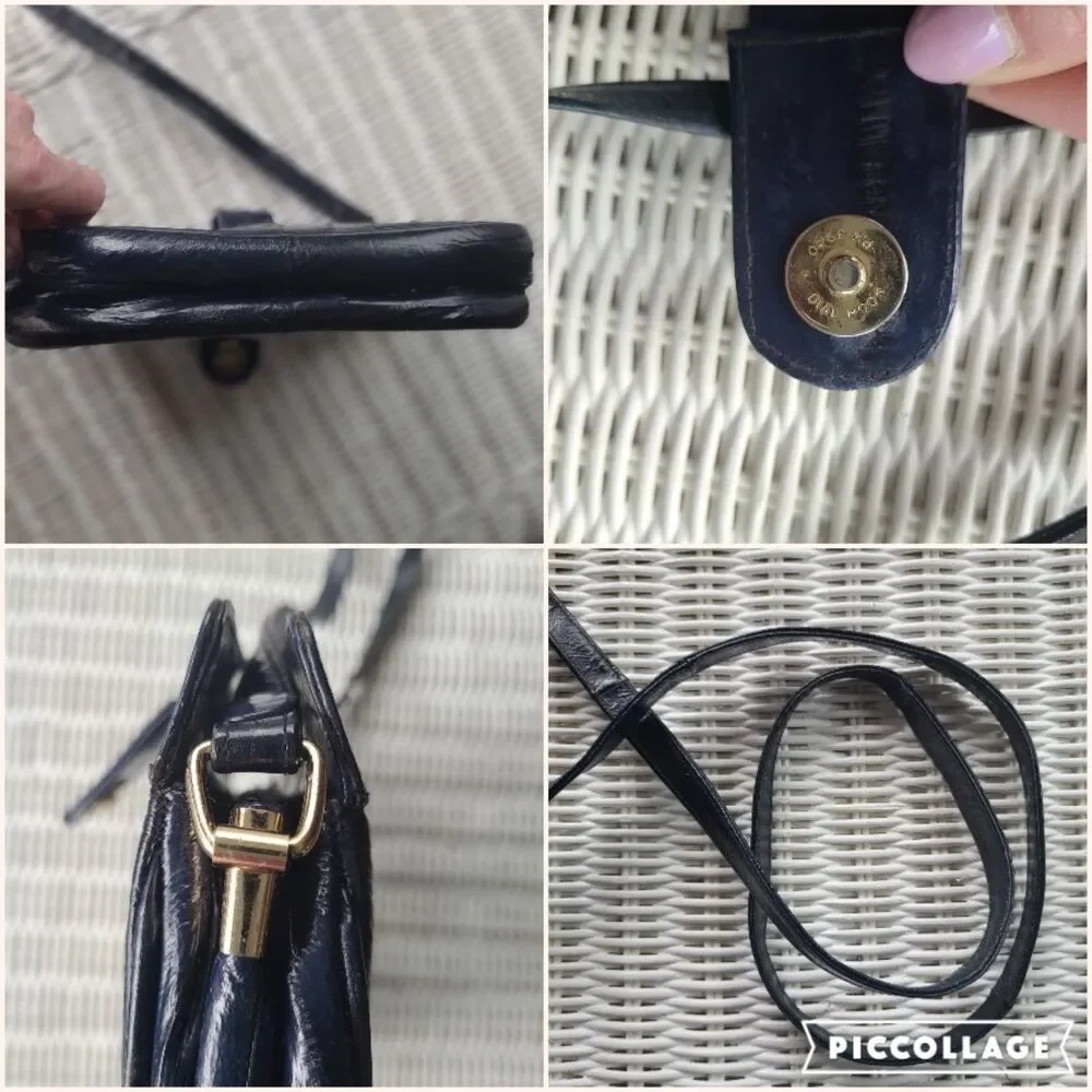 Vintage Retro 80s Genuine Eel Skin Navy Leather Handbag Shoulder Bag Purse